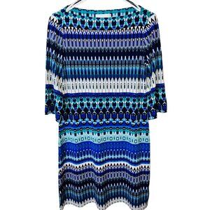 Donna Morgan Blue & White Geometric Print Dress Size 8 Polyester Blend